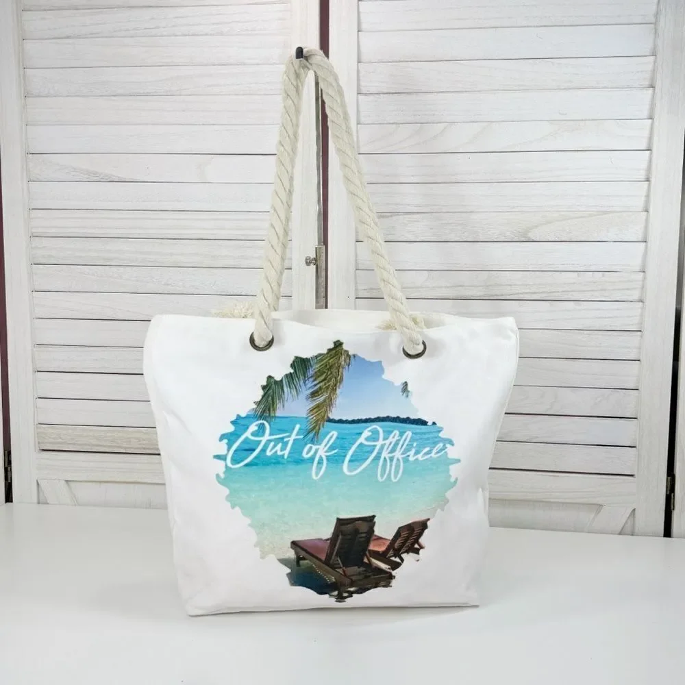 Tropical Out Of Office Beach Scene Canvas Tote Bag‎ White Rope Straps